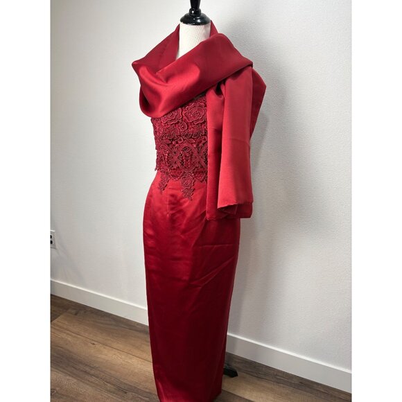 Jessica McClintock Red Strapless Gown & Shawl Lace Satin Size 8 Glam Formal - Picture 2 of 16